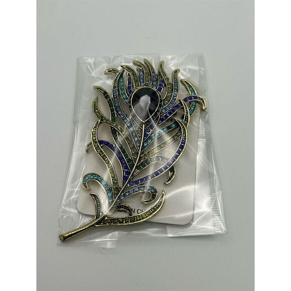 Vibrant Purple, Blue & Green Peacock Feather Rhinestone Large Statement Brooch - Picture 5 of 11